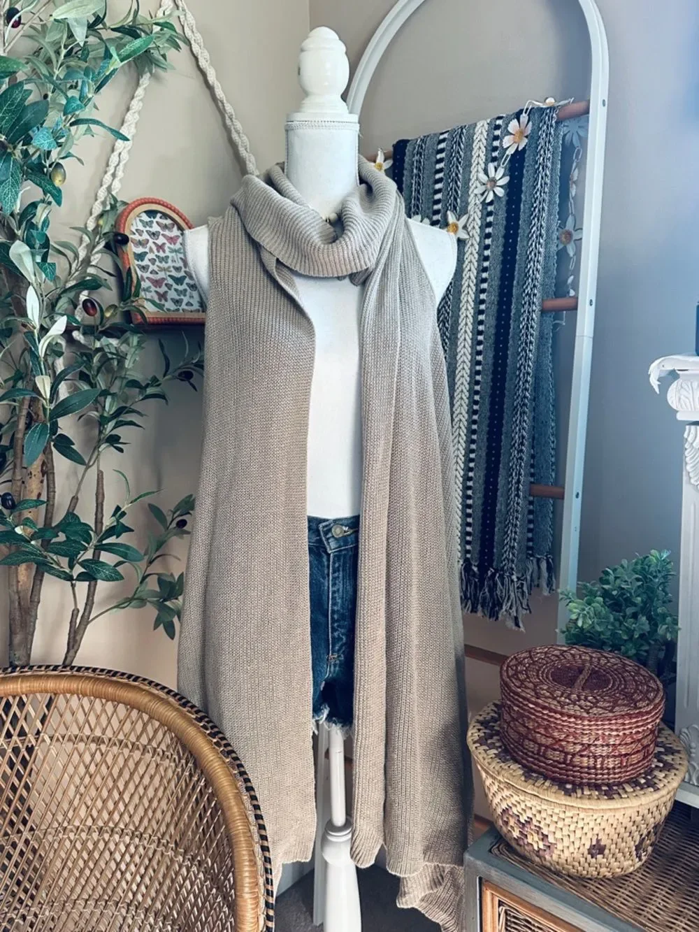 NWT Coco + Carmen Taupe Cowl Neck Sleeveless Sweater Vest Boho Drape Knit S/M